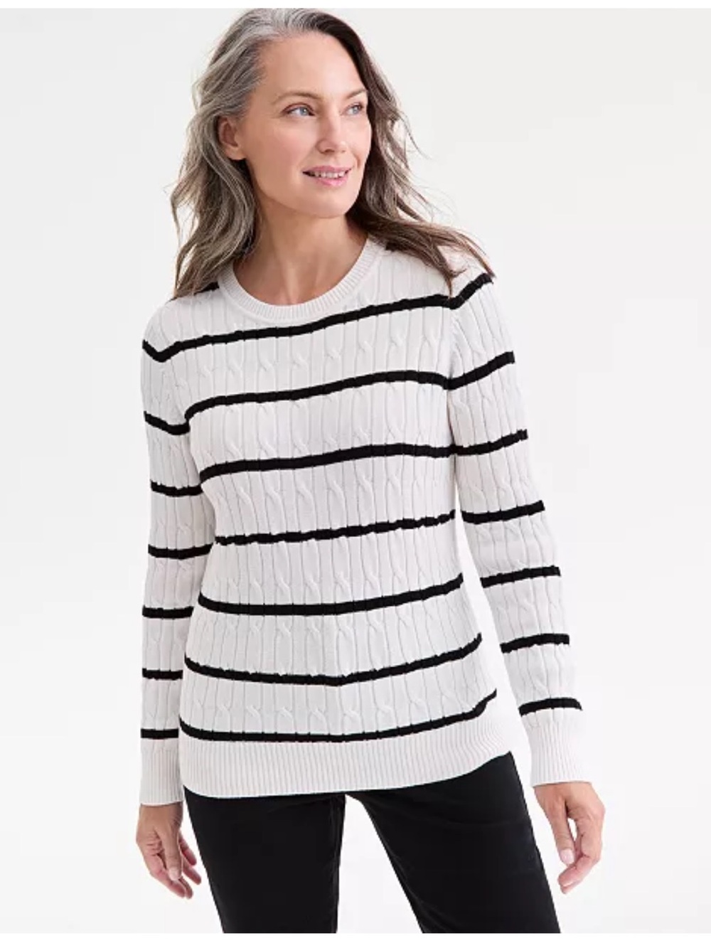 Style & Co. White Cable-Knit Cotton Crewneck Sweater with Black Stripes